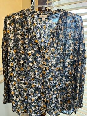 J. Jill Navy Floral Button-Front Blouse with Mustard & White Accents